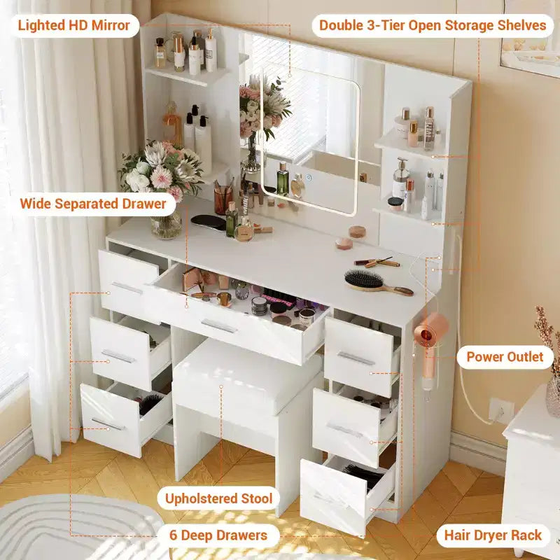 Coiffeuse avec miroir et lumières LED, table de maquillage à 7 tiroirs avec tabouret – Noir / Blanc / Blanc marbré