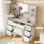 Coiffeuse avec miroir et lumières LED, table de maquillage à 7 tiroirs avec tabouret – Noir / Blanc / Blanc marbré
