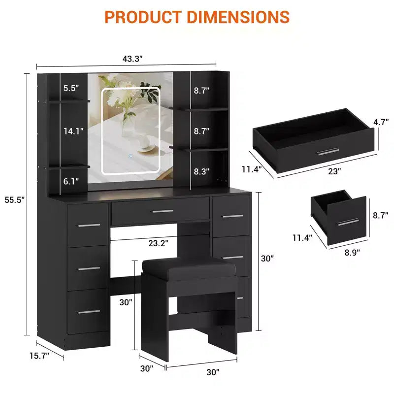 Coiffeuse avec miroir et lumières LED, table de maquillage à 7 tiroirs avec tabouret – Noir / Blanc / Blanc marbré