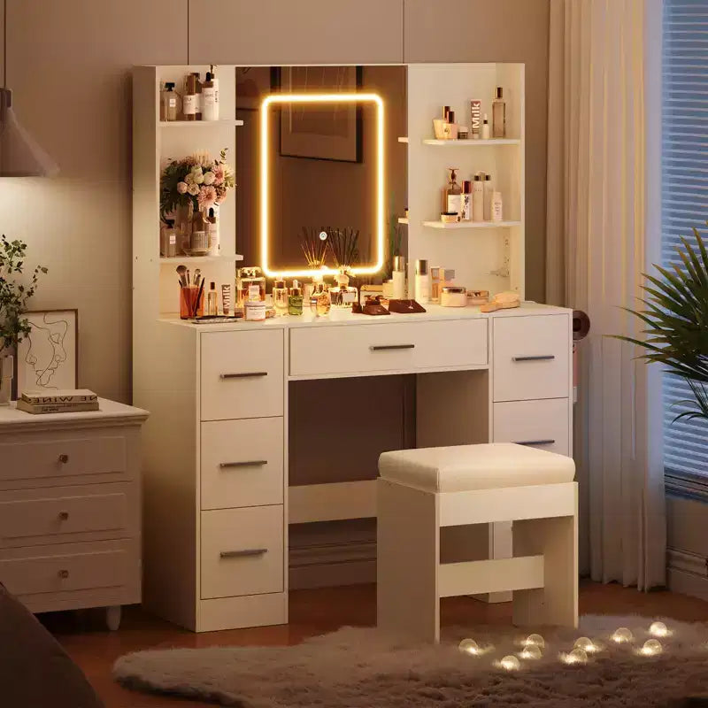 Coiffeuse avec miroir et lumières LED, table de maquillage à 7 tiroirs avec tabouret – Noir / Blanc / Blanc marbré