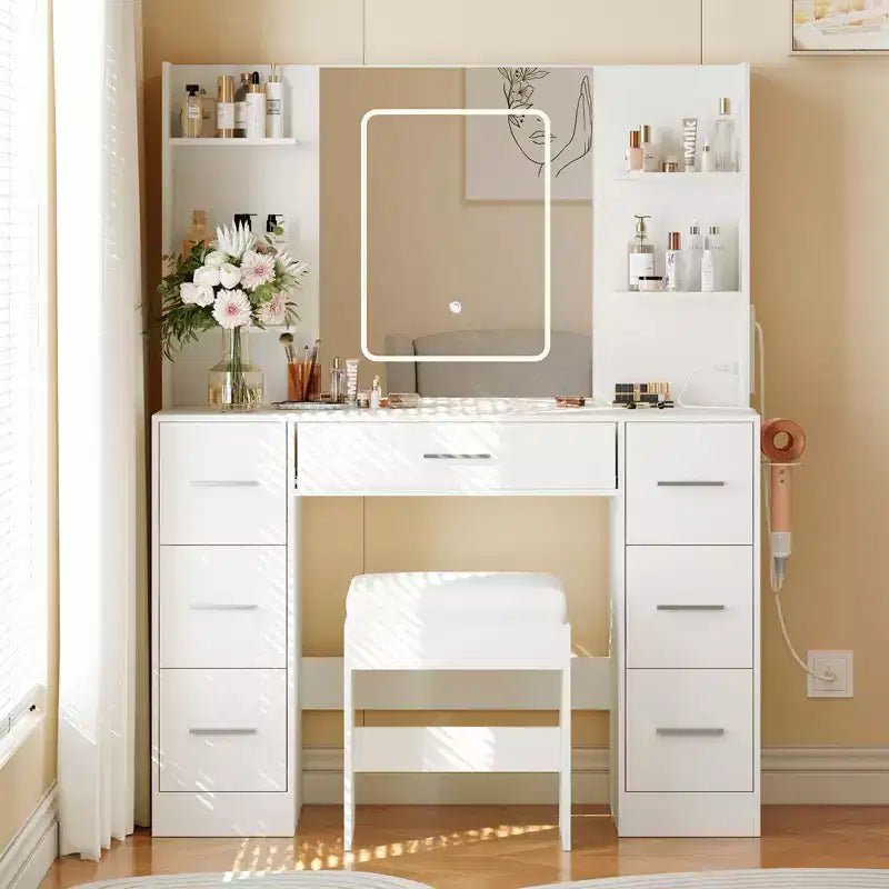 Coiffeuse avec miroir et lumières LED, table de maquillage à 7 tiroirs avec tabouret – Noir / Blanc / Blanc marbré