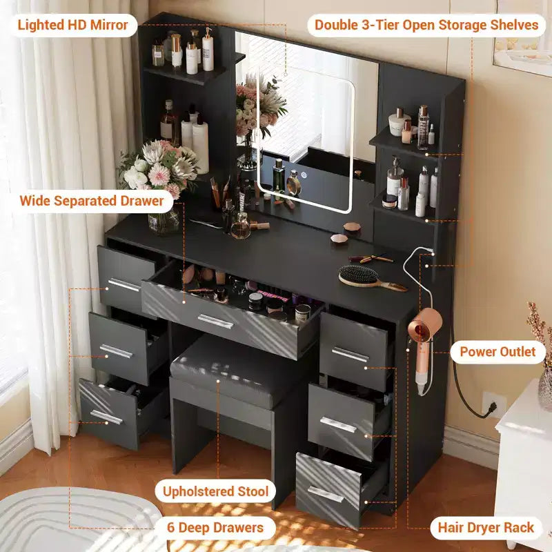 Coiffeuse avec miroir et lumières LED, table de maquillage à 7 tiroirs avec tabouret – Noir / Blanc / Blanc marbré