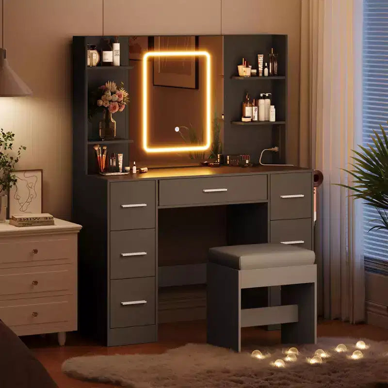 Coiffeuse avec miroir et lumières LED, table de maquillage à 7 tiroirs avec tabouret – Noir / Blanc / Blanc marbré