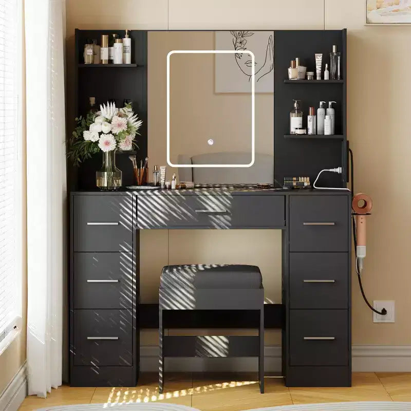 Coiffeuse avec miroir et lumières LED, table de maquillage à 7 tiroirs avec tabouret – Noir / Blanc / Blanc marbré