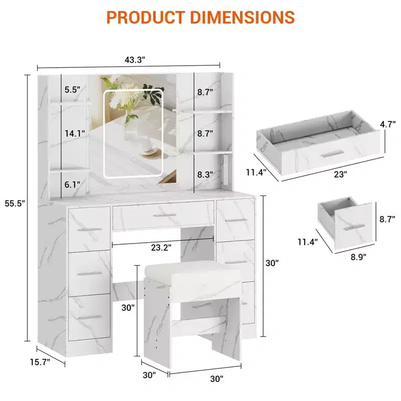 Coiffeuse avec miroir et lumières LED, table de maquillage à 7 tiroirs avec tabouret – Noir / Blanc / Blanc marbré