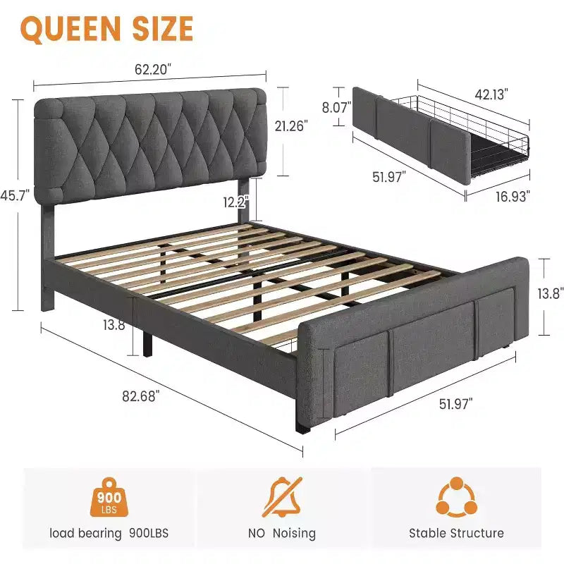 Cadre de lit plateforme rembourré beige/gris avec 2 tiroirs de rangement, pleine grandeur/grand lit, pour 1 à 2 personnes