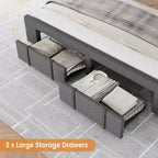 Cadre de lit plateforme rembourré beige/gris avec 2 tiroirs de rangement, pleine grandeur/grand lit, pour 1 à 2 personnes