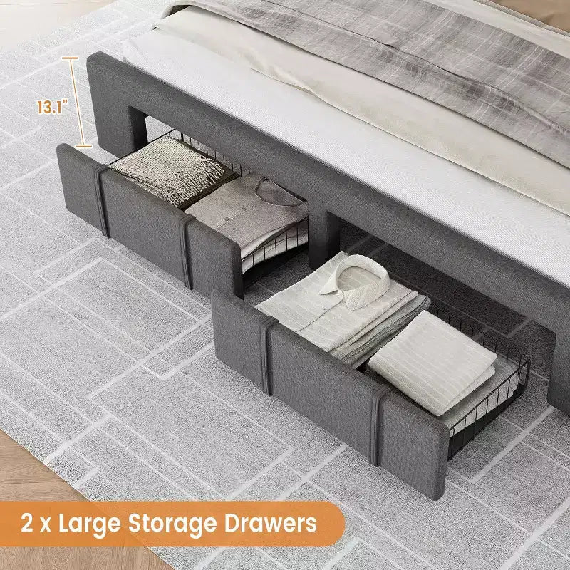 Cadre de lit plateforme rembourré beige/gris avec 2 tiroirs de rangement, pleine grandeur/grand lit, pour 1 à 2 personnes