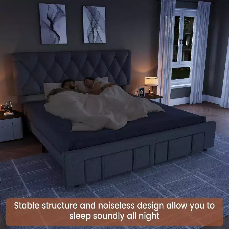 Cadre de lit plateforme rembourré beige/gris avec 2 tiroirs de rangement, pleine grandeur/grand lit, pour 1 à 2 personnes