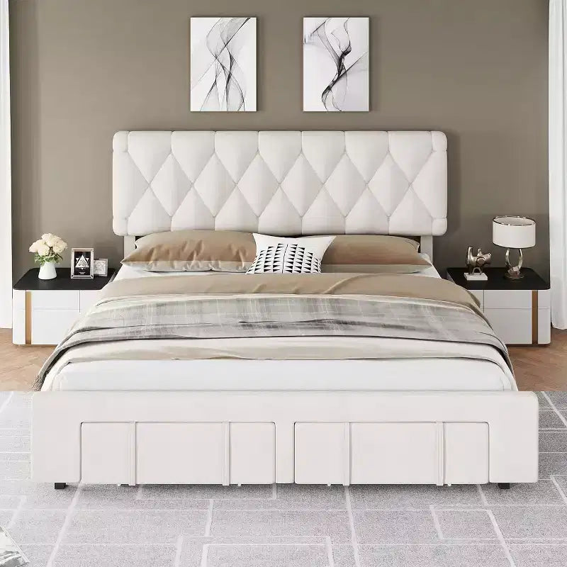 Cadre de lit plateforme rembourré beige/gris avec 2 tiroirs de rangement, pleine grandeur/grand lit, pour 1 à 2 personnes