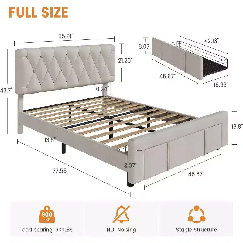 Beige / Grey Upholstered Platform Bed Frame with 2 Storage Drawers, Full / Queen, Fits 1–2 People