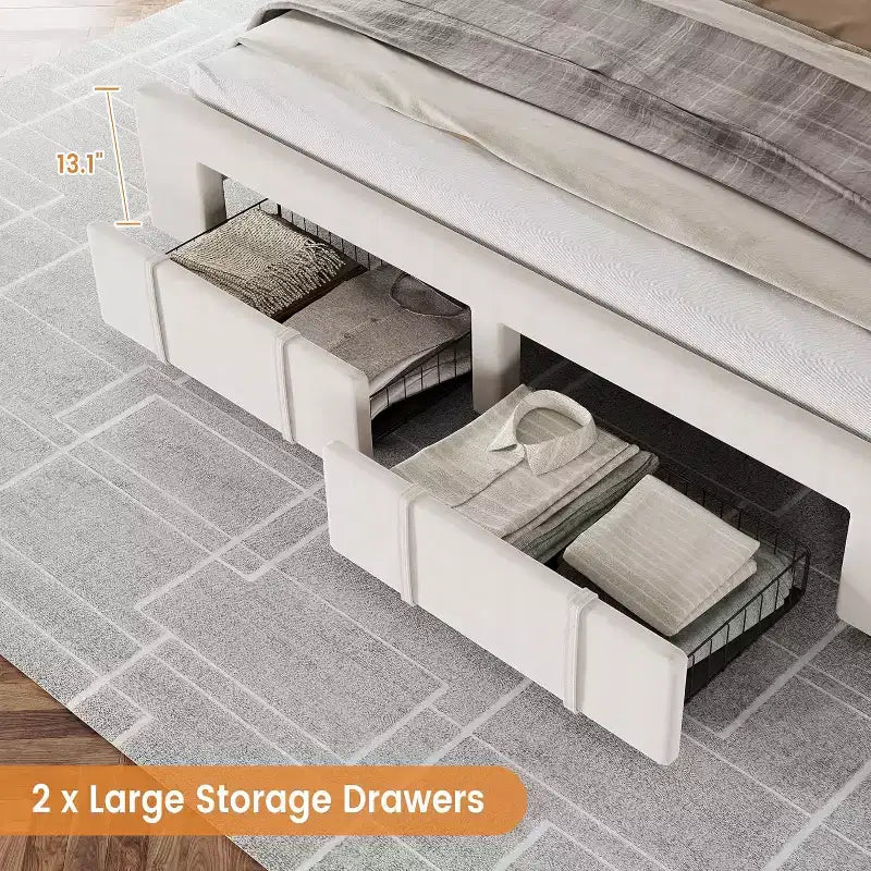 Beige / Grey Upholstered Platform Bed Frame with 2 Storage Drawers, Full / Queen, Fits 1–2 People