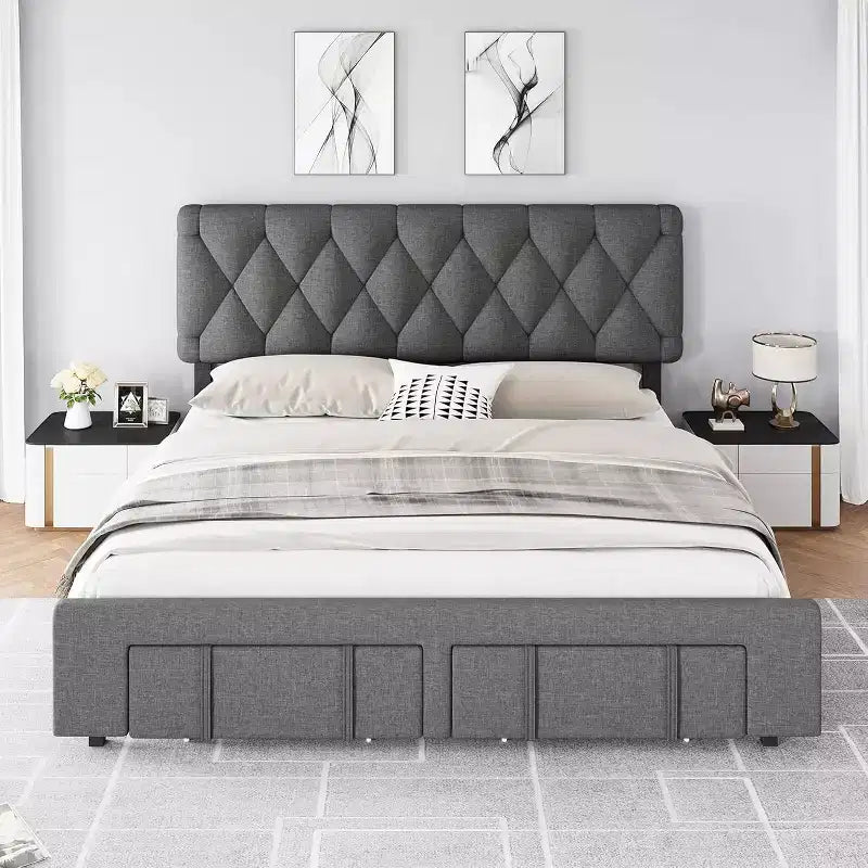 Cadre de lit plateforme rembourré beige/gris avec 2 tiroirs de rangement, pleine grandeur/grand lit, pour 1 à 2 personnes