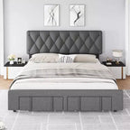 Cadre de lit plateforme rembourré beige/gris avec 2 tiroirs de rangement, pleine grandeur/grand lit, pour 1 à 2 personnes