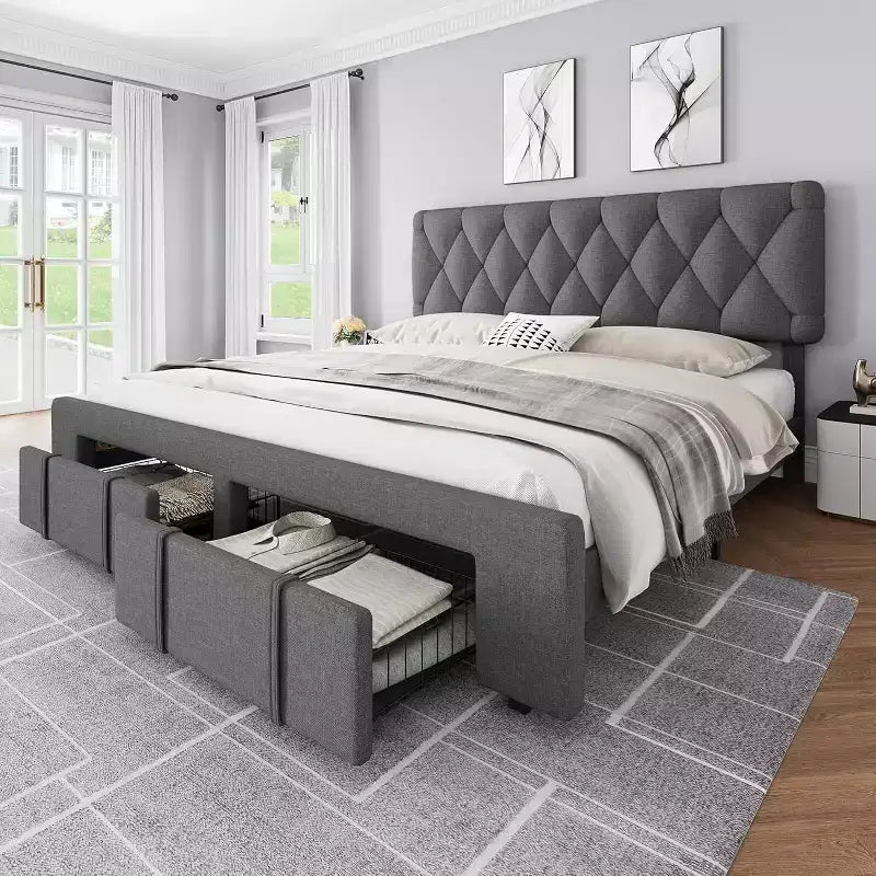 Cadre de lit plateforme rembourré beige/gris avec 2 tiroirs de rangement, pleine grandeur/grand lit, pour 1 à 2 personnes
