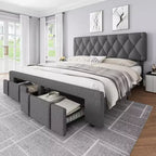 Cadre de lit plateforme rembourré beige/gris avec 2 tiroirs de rangement, pleine grandeur/grand lit, pour 1 à 2 personnes