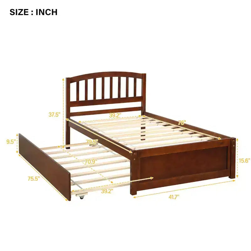 Lit plateforme jumeau avec lit gigogne, brun/noyer, 2 couchages, cadre en bois