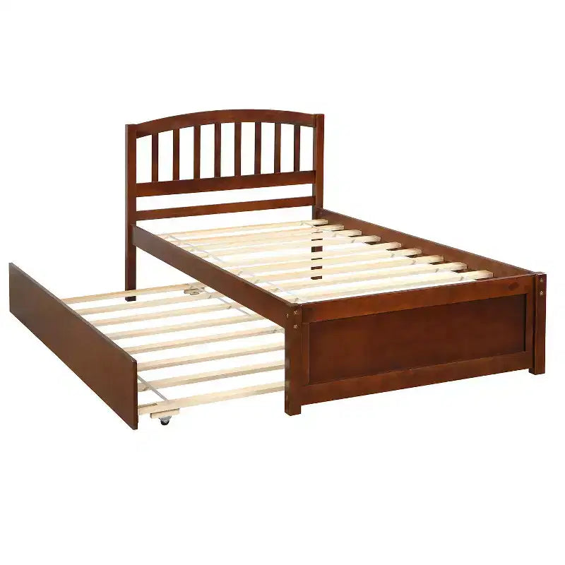 Lit plateforme jumeau avec lit gigogne, brun/noyer, 2 couchages, cadre en bois