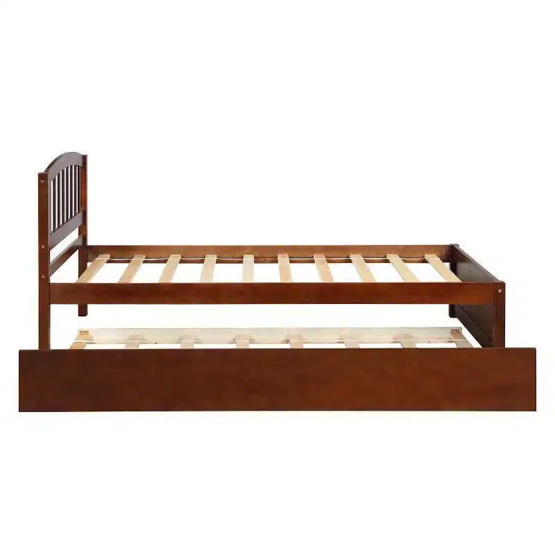 Lit plateforme jumeau avec lit gigogne, brun/noyer, 2 couchages, cadre en bois