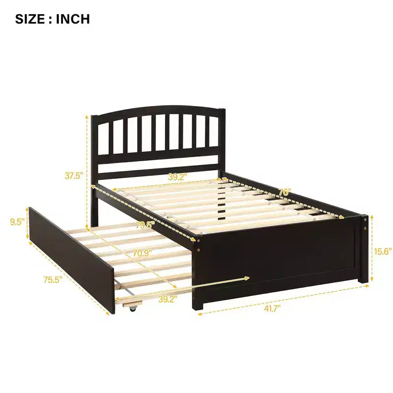 Lit plateforme jumeau avec lit gigogne, brun/noyer, 2 couchages, cadre en bois