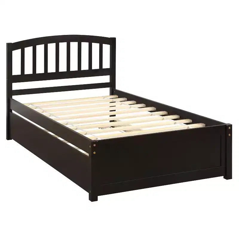 Lit plateforme jumeau avec lit gigogne, brun/noyer, 2 couchages, cadre en bois