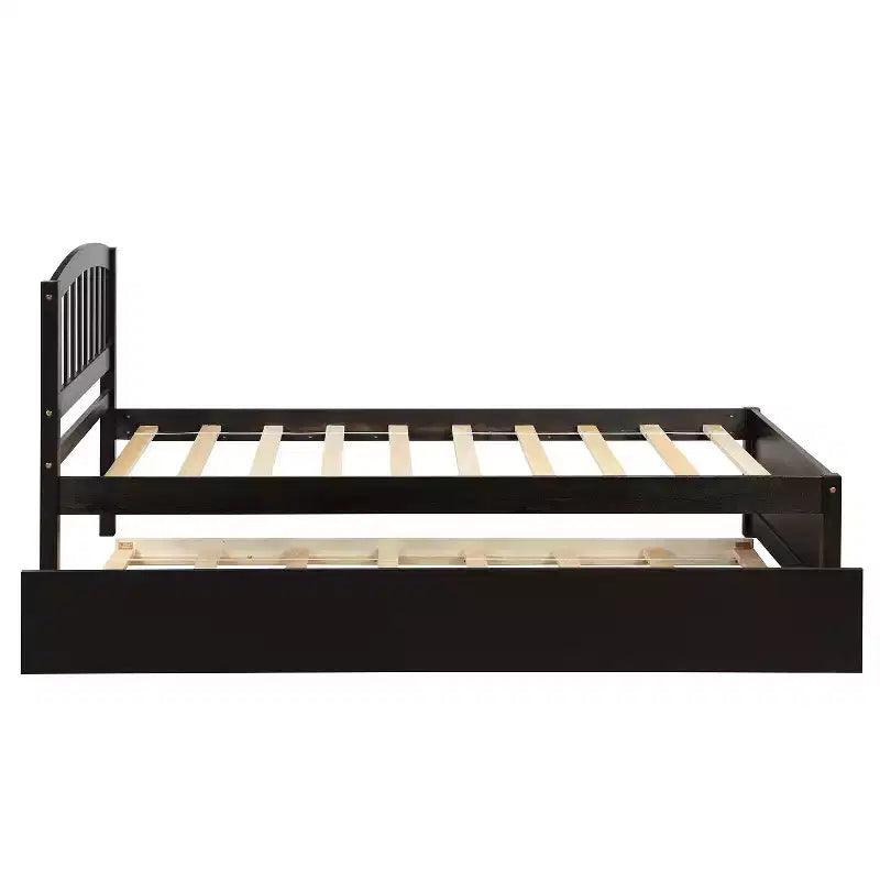 Lit plateforme jumeau avec lit gigogne, brun/noyer, 2 couchages, cadre en bois