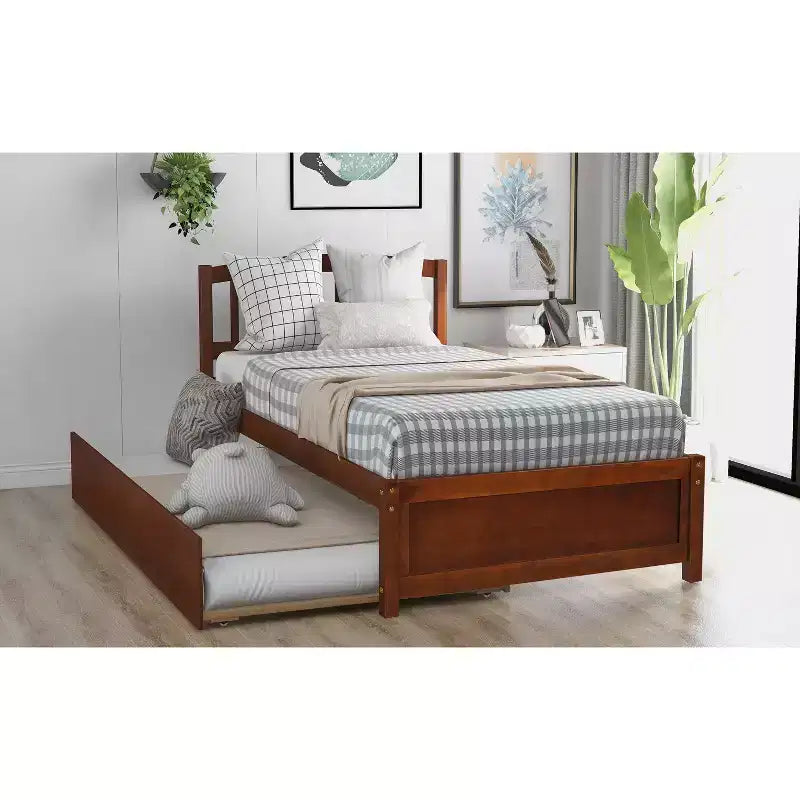 Lit plateforme jumeau avec lit gigogne, brun/noyer, 2 couchages, cadre en bois