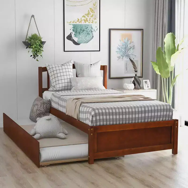 Twin Platform Bed with Trundle, Brown/Walnut, Sleeps 2, Wood Frame