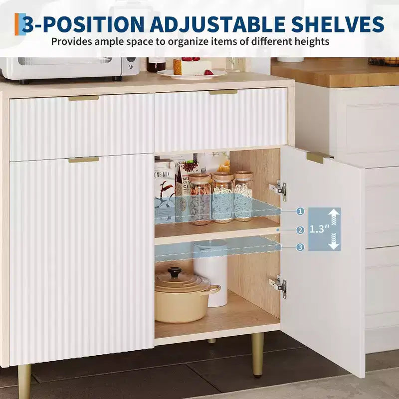 Buffet bas cannelé gris/blanc avec 2 tiroirs