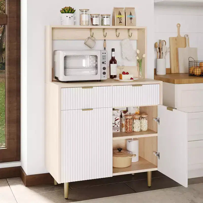 Buffet bas cannelé gris/blanc avec 2 tiroirs