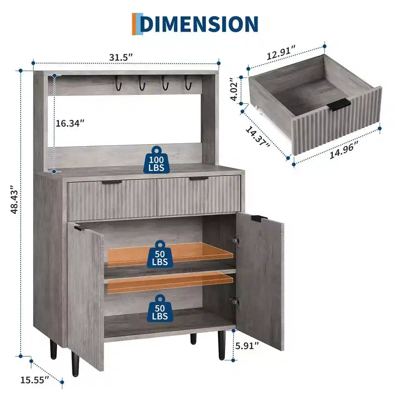Grey/White Fluted Sideboard Buffet Cabinet with 2 Drawers