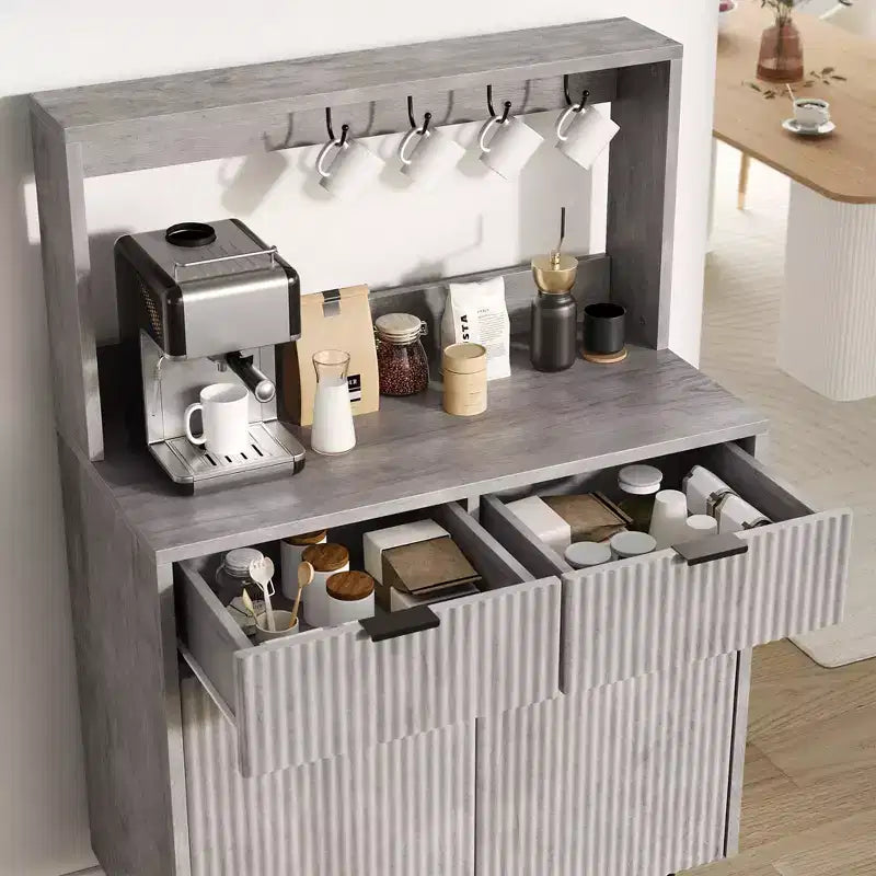 Buffet bas cannelé gris/blanc avec 2 tiroirs