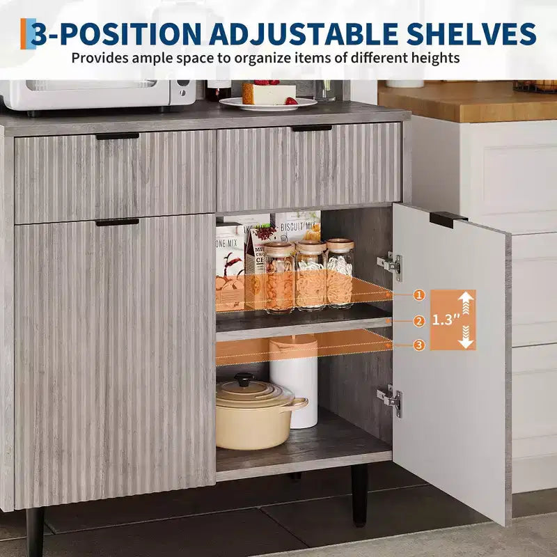 Buffet bas cannelé gris/blanc avec 2 tiroirs