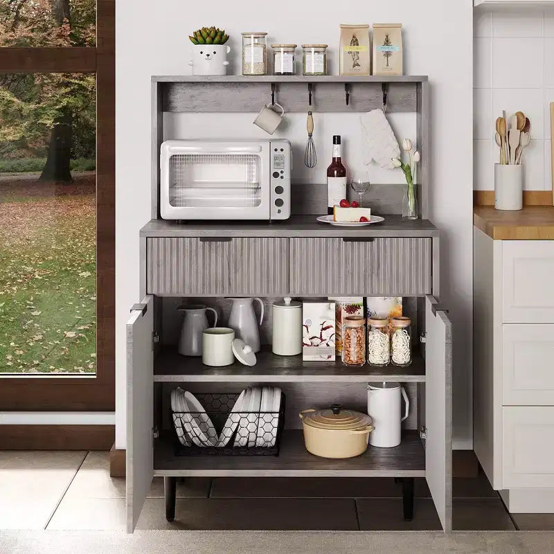 Buffet bas cannelé gris/blanc avec 2 tiroirs