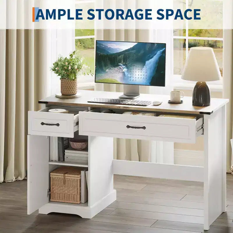 Antique White Farmhouse Style 47" Desk with Drawers & Storage, for 1 Person