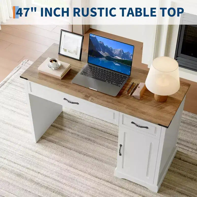Antique White Farmhouse Style 47" Desk with Drawers & Storage, for 1 Person