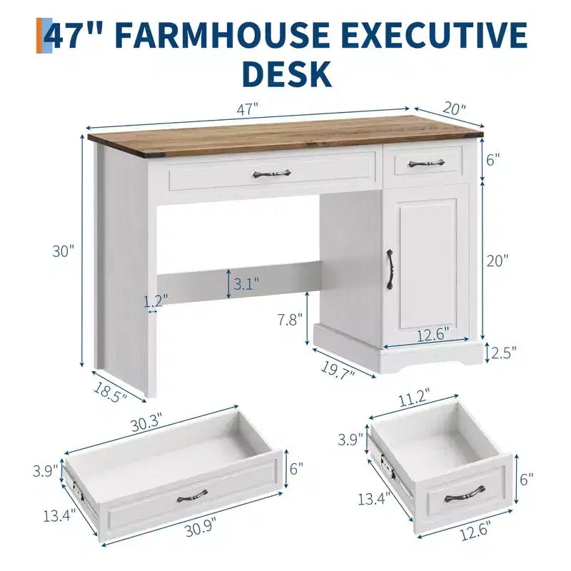 Bureau style ferme antique 47" avec tiroirs et rangement, pour 1 personne