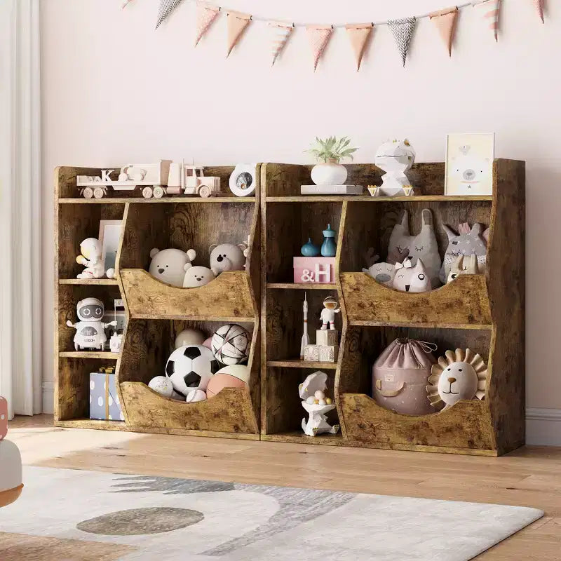 Étagère à livres et à jouets 3 niveaux 5 compartiments pour enfant Gris / Couleurs rétro / Blanc, 1 enfant