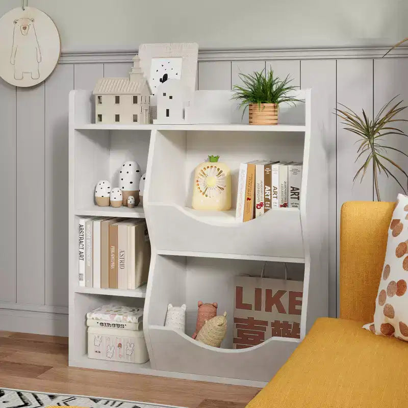 Étagère à livres et à jouets 3 niveaux 5 compartiments pour enfant Gris / Couleurs rétro / Blanc, 1 enfant