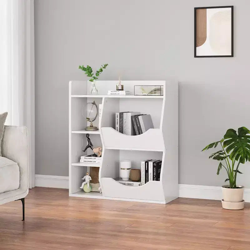 Étagère à livres et à jouets 3 niveaux 5 compartiments pour enfant Gris / Couleurs rétro / Blanc, 1 enfant