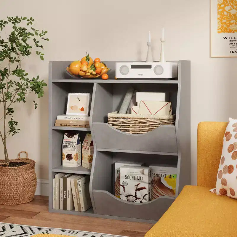 Étagère à livres et à jouets 3 niveaux 5 compartiments pour enfant Gris / Couleurs rétro / Blanc, 1 enfant