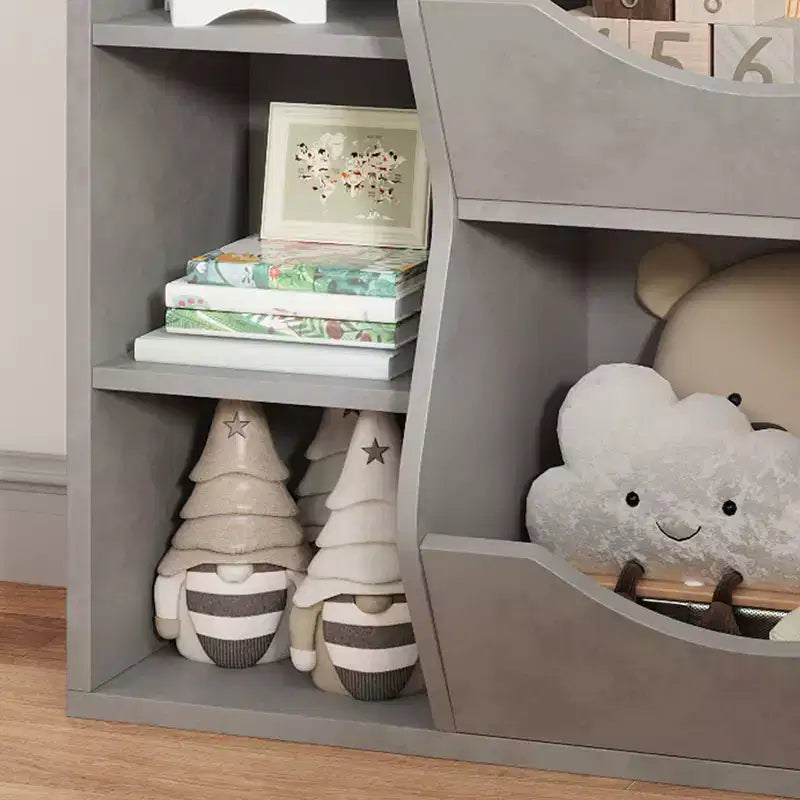 Étagère à livres et à jouets 3 niveaux 5 compartiments pour enfant Gris / Couleurs rétro / Blanc, 1 enfant