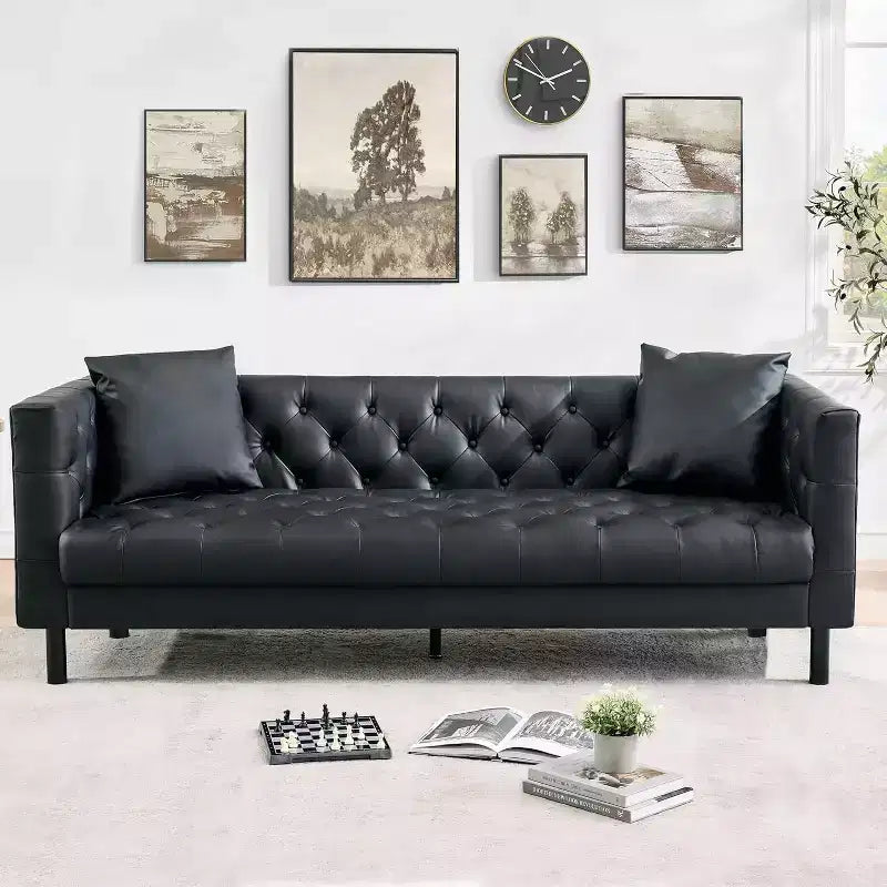Black Chesterfield PU Leather Sofa, 3-Seater