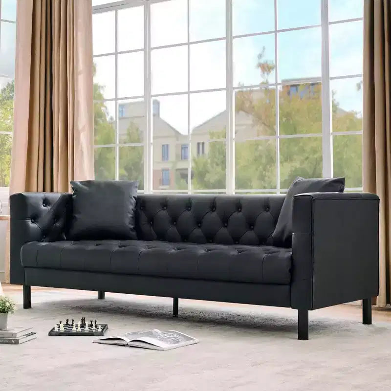 Black Chesterfield PU Leather Sofa, 3-Seater