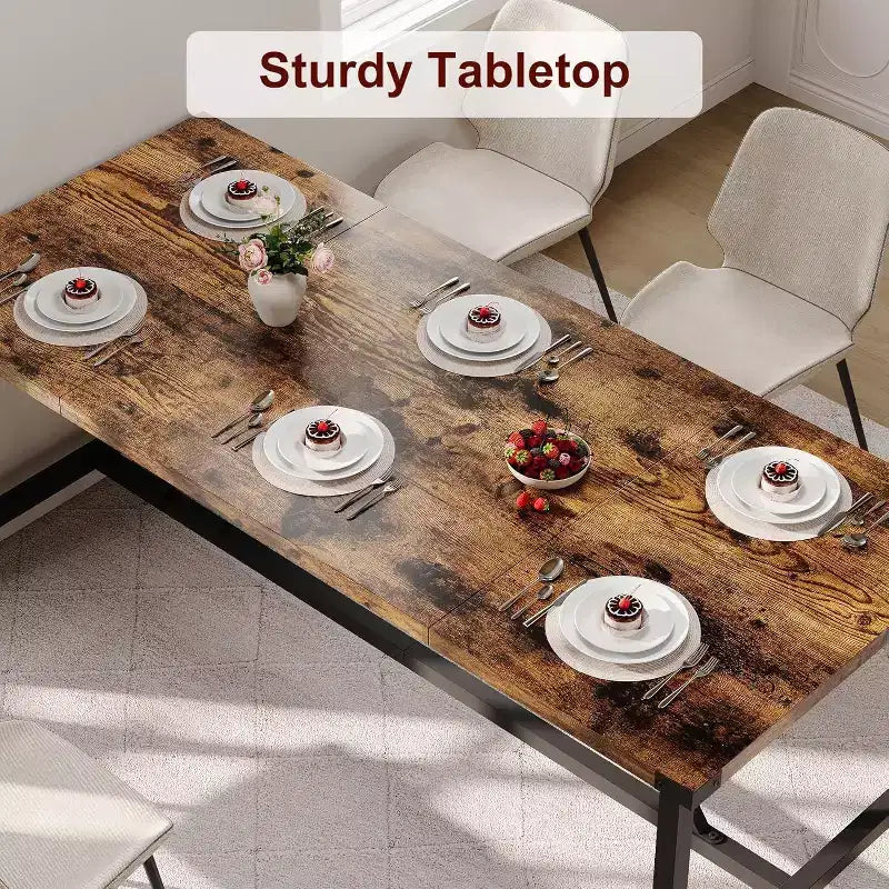 Table à manger rectangulaire 6 à 8 places, coloris gris / rétro, style industriel, structure métallique