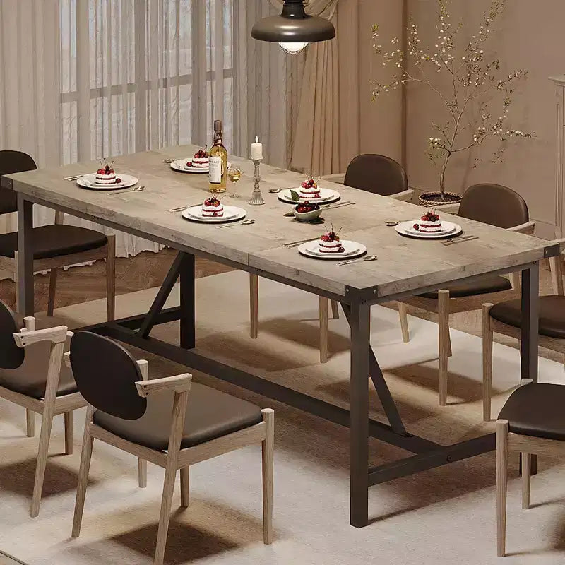 Table à manger rectangulaire 6 à 8 places, coloris gris / rétro, style industriel, structure métallique