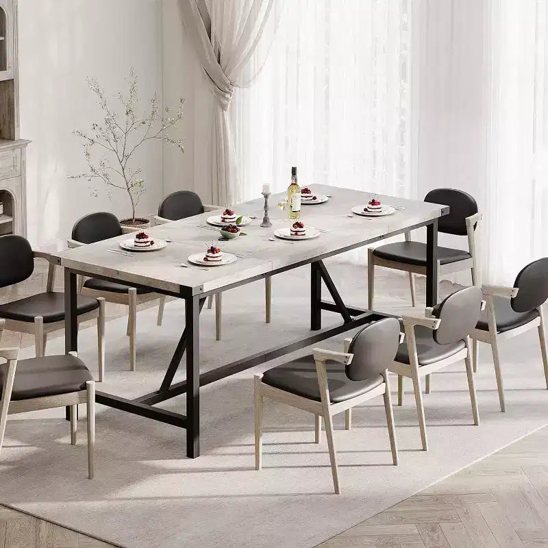 Grey / Retro Color Rectangular Dining Table for 6–8, Industrial Style, Metal Frame