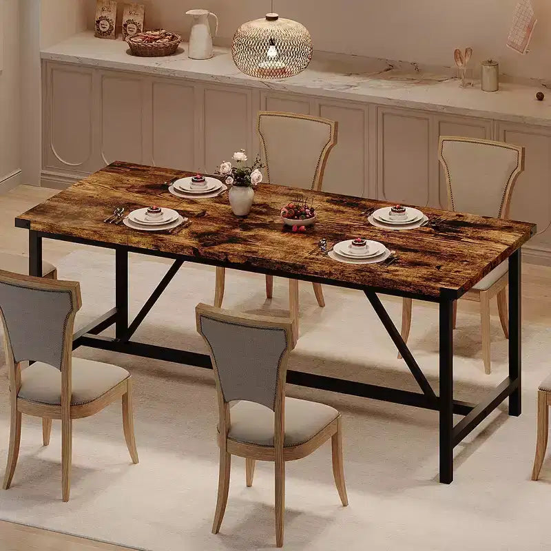 Grey / Retro Color Rectangular Dining Table for 6–8, Industrial Style, Metal Frame