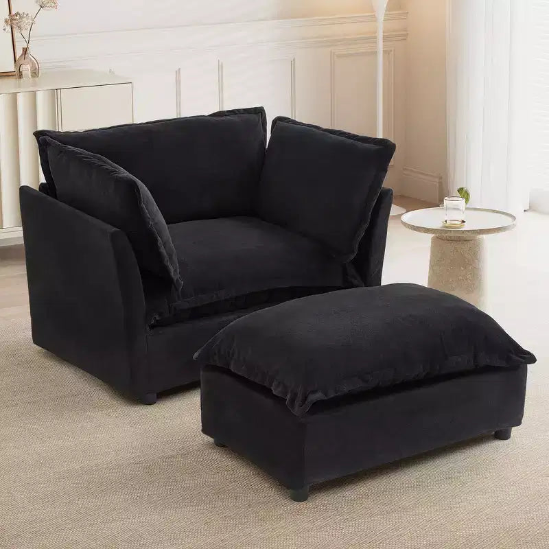 Ensemble fauteuil et ottoman en chenille, 2 places, beige / noir / vert / rose