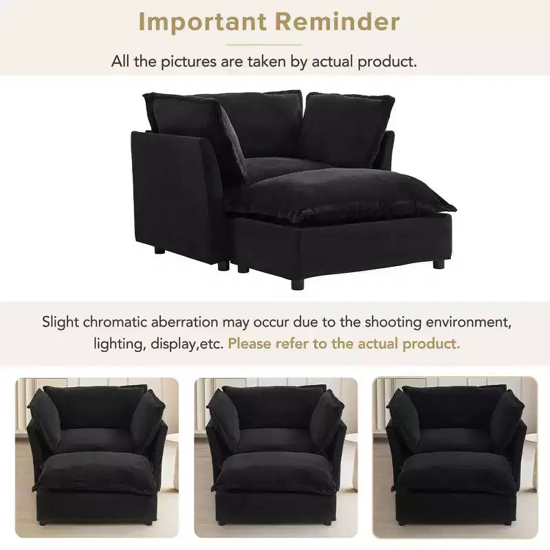 Ensemble fauteuil et ottoman en chenille, 2 places, beige / noir / vert / rose